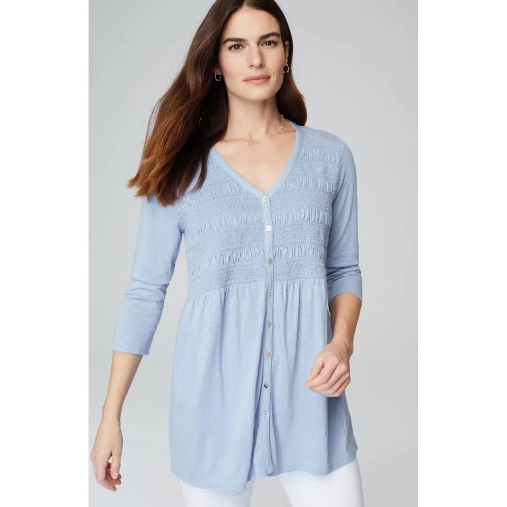J Jill Light Blue Smocked V Neck 3/4 Sleeve Button Front Tunic Top Plus‎ Size L